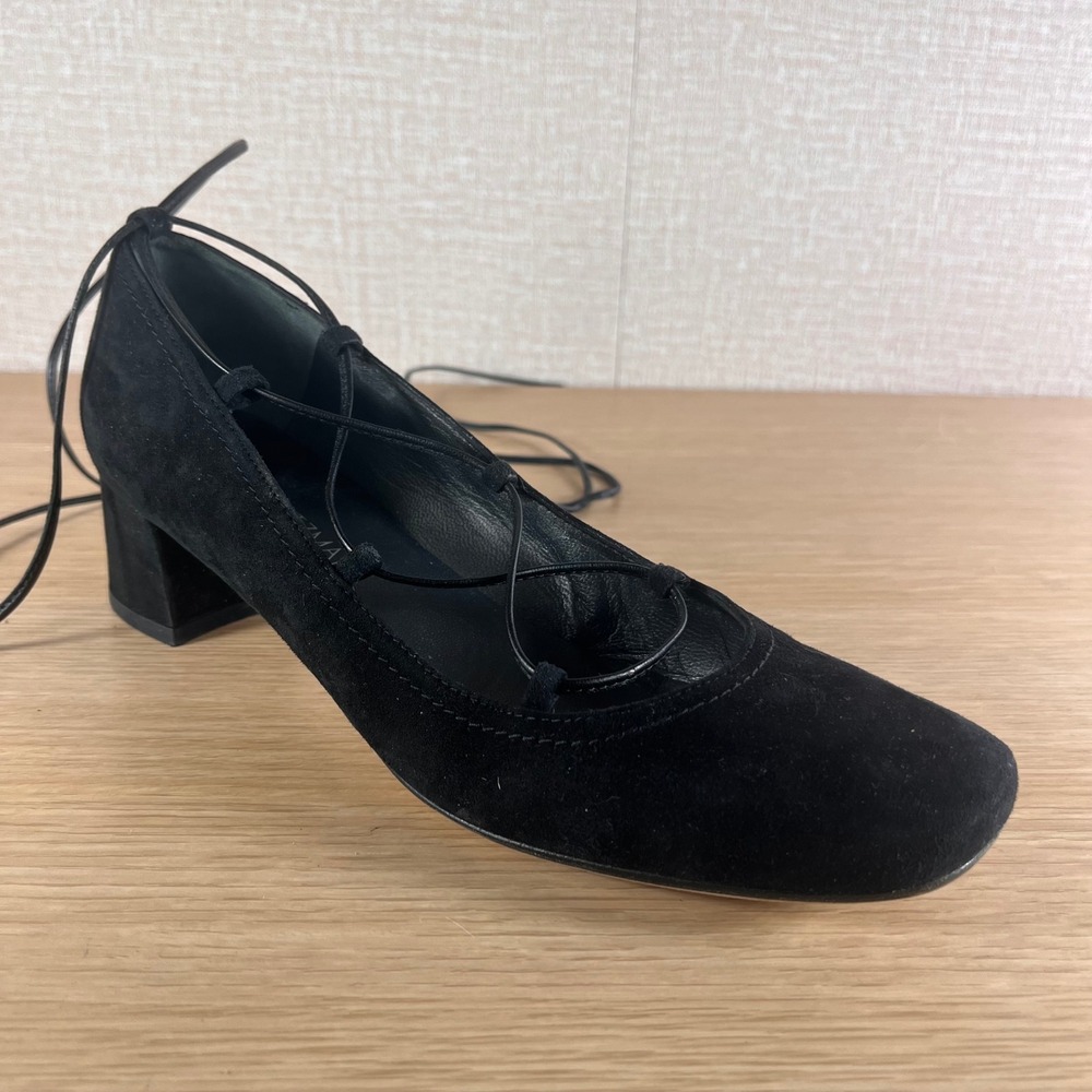 Stuart Weitzman 8.5M Black Suede Ghillie Lace Up PumpBlock Heel Wrap Ankle Spain